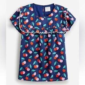 Crewcuts Girl Navy Cherry Ruffle Bib Short Sleeve Blouse Cotton Size 8-9